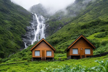 Aufkleber - Resort waterfall wooden concept. Scenic wooden cabins by a waterfall in a lush mountainous landscape.
