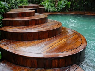 Poster - Resort waterfall wooden concept. Curved wooden steps leading to a tranquil pool surrounded by lush greenery.