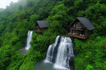 Poster - Resort waterfall wooden concept. Picturesque waterfalls cascade beside wooden cabins in a lush, green landscape.