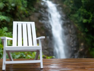 Poster - Resort waterfall wooden concept. Relaxing chair by a waterfall surrounded by lush greenery.