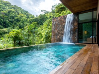 Poster - Resort waterfall wooden concept. Luxurious poolside view with waterfall amidst lush tropical greenery.