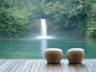 Poster - Resort waterfall wooden concept. Serene view of a waterfall behind two woven chairs by a tranquil pool.