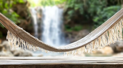 Aufkleber - Resort waterfall wooden concept. Serene hammock in nature with a waterfall backdrop, perfect for relaxation.