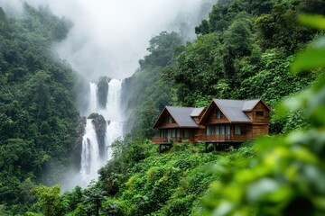 Poster - Resort waterfall wooden concept. Misty mountains surround a wooden house near a cascading waterfall in a lush, green landscape.