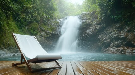 Poster - Resort waterfall wooden concept. Tranquil waterfall scene with a lounge chair by the serene water's edge.