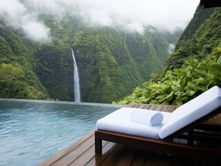 Aufkleber - Resort waterfall wooden concept. Luxurious poolside view overlooking a waterfall and lush mountains in a tranquil setting.