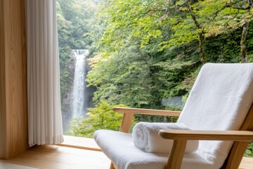 Aufkleber - Resort waterfall wooden concept. Serene view of a cozy chair overlooking a lush landscape and waterfall.
