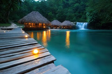 Poster - Resort waterfall wooden concept. Serene waterside huts illuminated at dusk near a vibrant waterfall in a tropical setting.