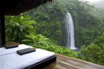 Poster - Resort waterfall wooden concept. Serene view of a waterfall surrounded by lush greenery from a wooden deck.