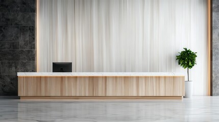 Poster - Resort waterfall wooden concept. Modern reception desk with a minimalist design and a decorative plant in a stylish office space.