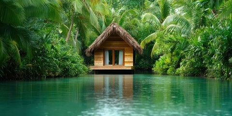Poster - Resort waterfall wooden concept. Secluded wooden cabin surrounded by lush greenery and tranquil waters.