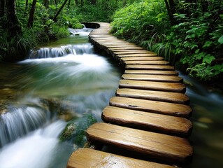Poster - Resort waterfall wooden concept. A wooden walkway crosses a serene stream in a lush green forest setting.