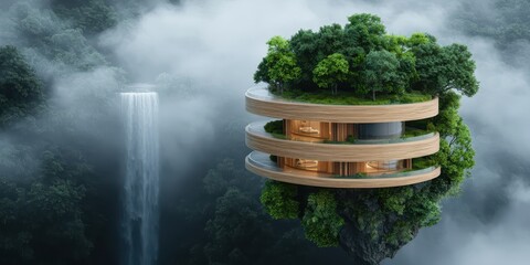 Poster - Resort waterfall wooden concept. Futuristic treehouse structure surrounded by mist and a waterfall.