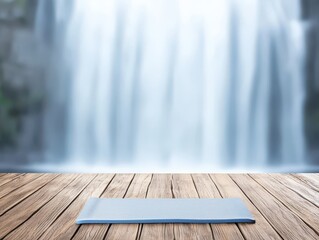 Poster - Resort waterfall wooden concept. Tranquil scene featuring a serene waterfall with a wooden platform in the foreground.