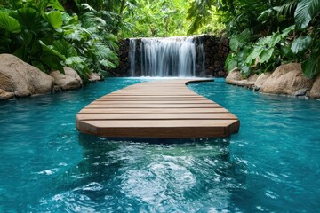 Poster - Resort waterfall wooden concept. Serene wooden path leading to a tranquil waterfall surrounded by lush greenery.