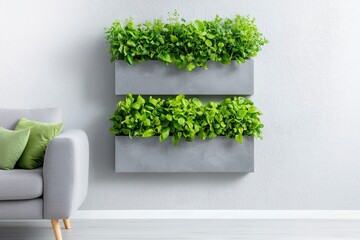 Aufkleber - Room garden waterfall concept. Modern wall planters with lush greenery enhance interior decor and freshness.