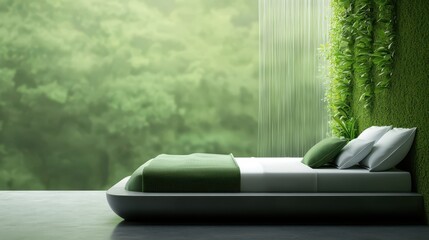 Poster - Room garden waterfall concept. Modern bedroom with greenery, featuring a sleek bed and a calming atmosphere.