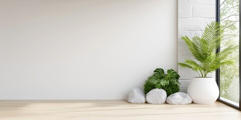 Poster - Room garden waterfall concept. Bright, minimalistic interior featuring plants and natural elements against a light wall.