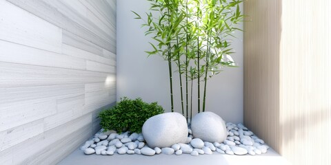 Poster - Room garden waterfall concept. Zen garden featuring bamboo, stones, and natural elements in a modern space.