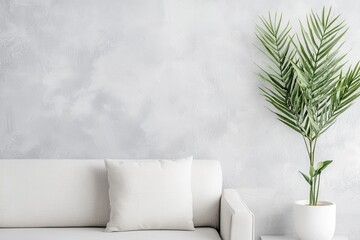 Poster - Room garden waterfall concept. Modern living room with a light couch and a potted plant against a textured wall.