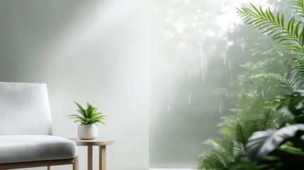 Poster - Room garden waterfall concept. Cozy interior with a chair, plant, and condensation on a glass panel, blending nature and comfort.
