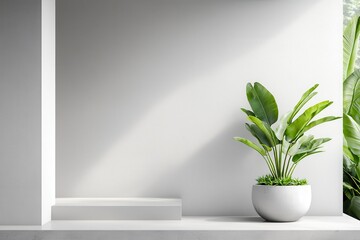 Poster - Room garden waterfall concept. Modern interior featuring a potted plant on a minimalist shelf against a textured wall.