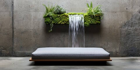 Poster - Room garden waterfall concept. Modern minimalist design featuring a waterfall and greenery over a stone backdrop.