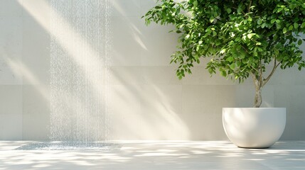 Poster - Room garden waterfall concept. Minimalist indoor scene featuring a plant and gentle water feature against a textured wall.