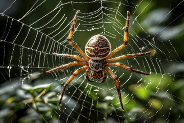 The spider on its web, positioned in the center of the web, ready to pounce and wrap around the prey entangled in the web. The web features a distinctive zigzag pattern known as stabilimentum.