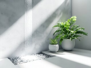 Poster - Room garden waterfall concept. Modern indoor space featuring plants and natural light with a serene atmosphere.