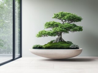 Poster - Room garden waterfall concept. A beautiful bonsai tree in a modern pot, displayed in a minimalist interior setting.