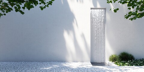 Poster - Room garden waterfall concept. Minimalist outdoor shower against a textured wall with greenery and pebbles around it.