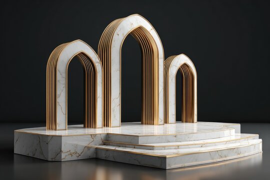 A 3D rendering of an elegant, multi-tiered marble and gold archway structure, set against a dark background