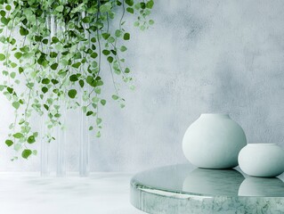 Poster - Room garden waterfall concept. Modern decor featuring vases and greenery against a textured background.