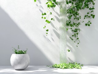 Aufkleber - Room garden waterfall concept. A minimalist interior featuring a potted plant casting shadows on a textured wall.