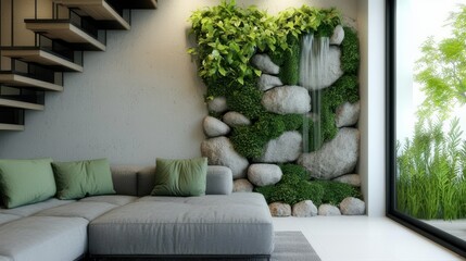 Poster - Room garden waterfall concept. Modern living room with a green wall feature and cozy seating arrangement.
