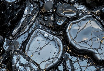 Poster - Black shiny stones with golden veins captured in natural light at an outdoor location
