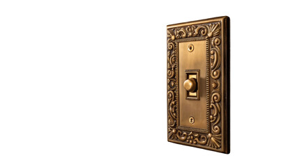 Poster - Close up of an ornate vintage brass dimmer switch with intricate detailing, set against a transparent background, showcasing its elegant design and antique charm