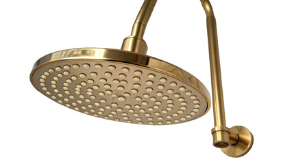 Poster - Close up of a luxurious golden shower head, featuring multiple water outlets, attached to a curved pipe against a transparent background, perfect for showcasing bathroom fixtures in designs