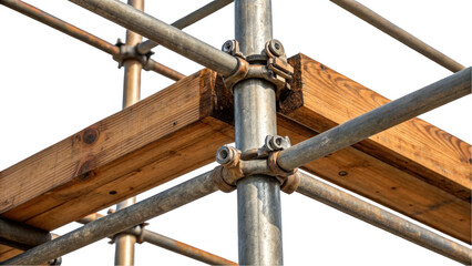 Aufkleber - Close up view of industrial scaffolding featuring sturdy wooden planks and metal pipes, showcasing construction materials against a transparent background. Ideal for construction themes