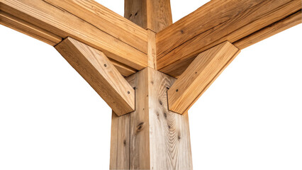 Aufkleber - Close up of intersecting wooden beams and supporting pillar, showcasing joinery details and transparent background, ideal for architectural or construction themed projects