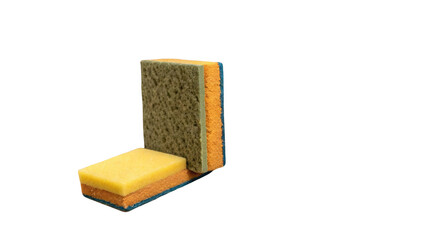 Poster - Two colorful cleaning sponges standing upright against a transparent background, allowing for easy isolation and versatile use in various design projects and creative applications
