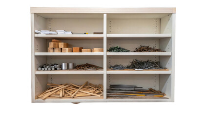 Poster - White wooden storage shelf holding various construction materials such as wooden blocks, nails, metal rods, and other supplies, isolated on transparent background