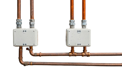 Aufkleber - Copper pipes and electrical junction boxes are connected and creating a complex network against a transparent background, perfect for industrial designs and concepts