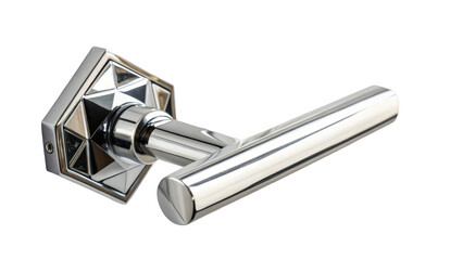 Poster - Chrome door handle with a geometric design on the mounting plate is shown against a transparent background, ready for easy integration into design projects