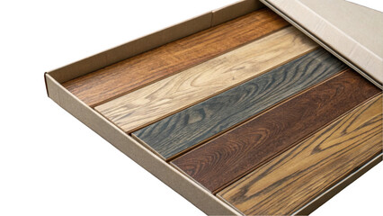 Poster - Displaying various wooden plank samples in an assortment of colors and textures, neatly arranged in rows within an open cardboard box against a transparent background