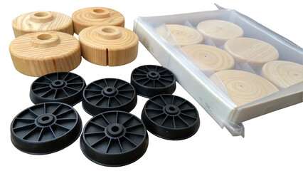 Poster - Round wooden furniture legs with holes for screws and black plastic wheels with holes, lying on a transparent background, ready for assembly