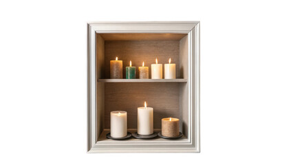 Poster - Lit candles in various sizes and colors creating a warm ambiance on wooden shelves within a white frame, isolated on a transparent background for serene design projects