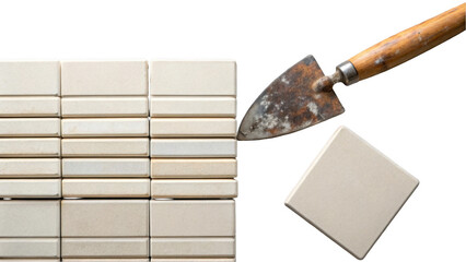 Aufkleber - Ceramic tiles are being laid by a construction worker using a trowel, on a transparent background, offering a practical and customizable visual for various projects