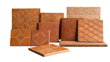 Aufkleber - Displaying a variety of terracotta tiles with embossed patterns and textures, offering diverse design options for flooring and wall coverings, isolated on a transparent background